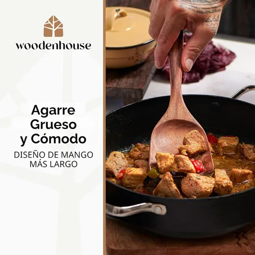 Miniatura 3 de Woodenhouse - Cucharas de madera para cocinar, juego de utensilios de cocina de madera con soporte, soporte para cuchara y ganchos, utensilios