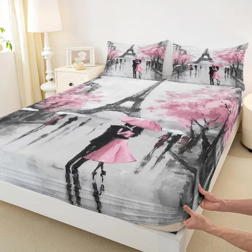Miniatura 6 de Juego de sábanas decorativo de París con Torre Eiffel francesa, juego de 4 piezas para cama King, juego de sábanas de acuarela de cerezas