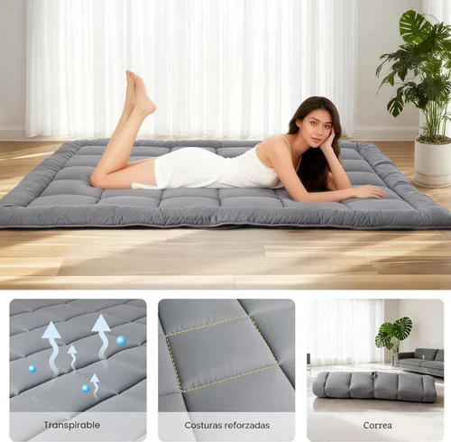 Miniatura 5 de Colchón de piso japonés tipo futón, colchón enrollable plegable de 5 capas gruesas, colchoneta de tatami de espuma cómoda (Gris, tamaño individual)
