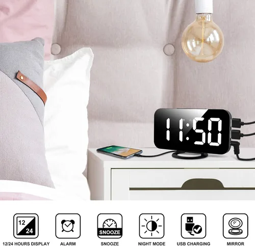 Miniatura 2 de Reloj despertador digital Lamisola, gran pantalla LED con espejo, 2 puertos de carga USB, brillo ajustable automáticamente, relojes modernos