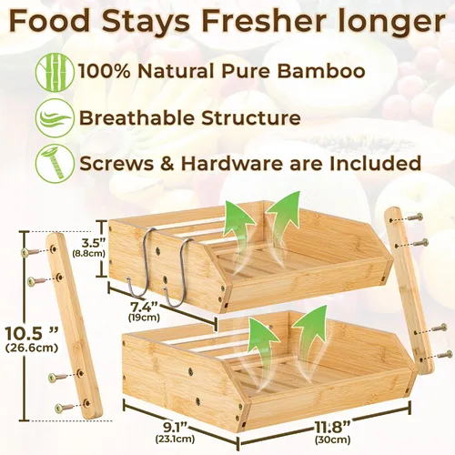 Miniatura 3 de Cesta de frutas con colgador de plátano – Organizador de almacenamiento de frutas y verduras de bambú de 2 niveles para encimera de cocina – Ligero