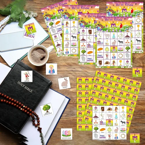 Miniatura 4 de Shappy Juego de 39 tarjetas de bingo de Pascua para niños y adultos, 28 jugadores, He is Risen, juego de fiesta, tarjetas de bingo bíblicas
