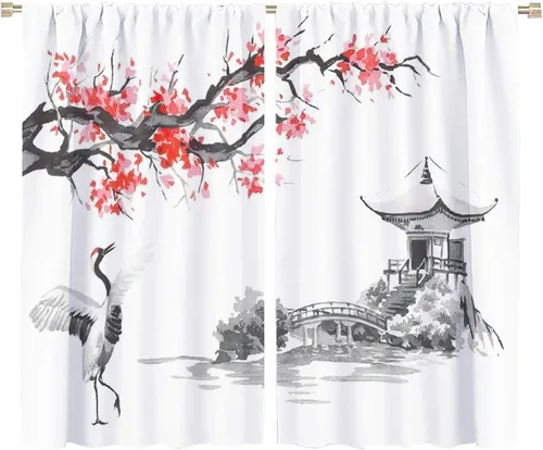 Miniatura 40 de Cortina japonesa con diseño de cerezo en flor, montañas, río, nubes, pinos, paisaje, naturaleza, asiático, anime, oscurecimiento de habitación