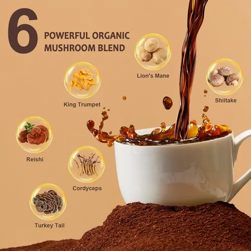 Miniatura 3 de Café de hongos, 6 hongos orgánicos con melena de león y café Cordyceps para energía sostenida, enfoque mental, digestión y apoyo inmunológico, café