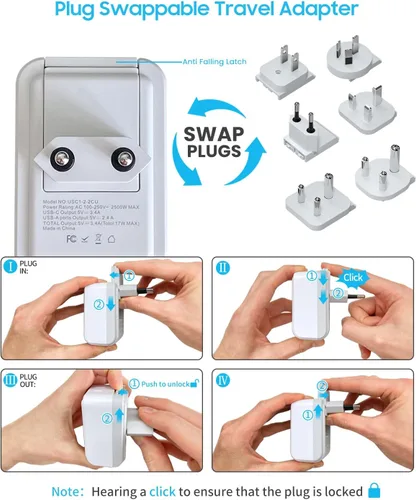 Miniatura 5 de VINTAR - Kit de adaptador de viaje universal, adaptador de enchufe internacional con 3 puertos USB (2 USB C, 3.4 A) y 2 salidas americanas, tipo A