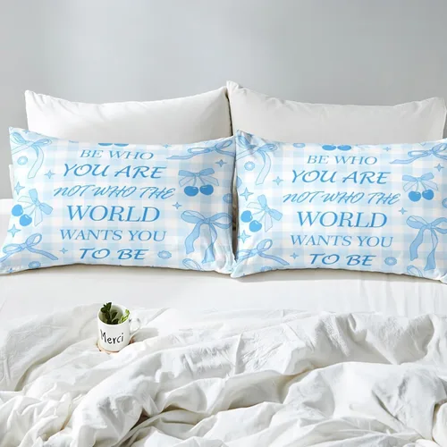 Miniatura 5 de Sábana bajera con lazo azul tamaño individual, juego de ropa de cama de princesa con cerezas, estrellas y flores margaritas de dibujos animados