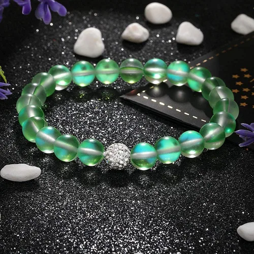 Miniatura 3 de SUMMER LOVE Joyería pulsera de cristal de sirena mística de 0.315in, pulsera de cuentas de piedra lunar brillante para mujeres y niñas, Sin gemas.