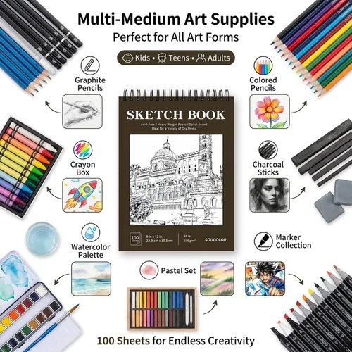 Miniatura 6 de Soucolor - Cuaderno de bocetos de 9 x 12 pulgadas, paquete de 4 de 100 hojas, encuadernado en espiral, libre de ácido (68 libras/100 g/m²), papel