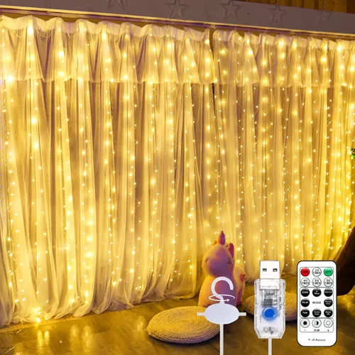 Miniatura 16 de Luz de cortina blanca cálida para dormitorio, 300 LED, 3m x 3m, luz de cadena de hadas para ventana con 16 ganchos, 8 modelos, control remoto