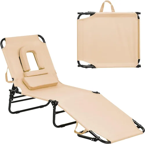 GYMAX Sillón de playa, silla para tomar el sol, silla plegable ajustable reclinable con agujero para cara (1, arena)