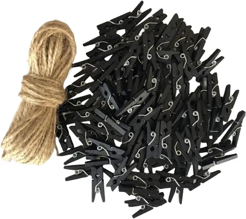 Miniatura 12 de Alfileres de ropa en miniatura para manualidades, adornos de decoración de Navidad, clips pequeños con cordel de yute rosa, paquete de 100