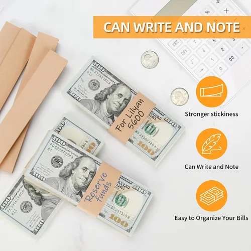 Miniatura 3 de PONNOR Paquete de 550 bandas de dinero en blanco natural kraft marrón para efectivo, correas autoadhesivas para monedas, para envoltorios