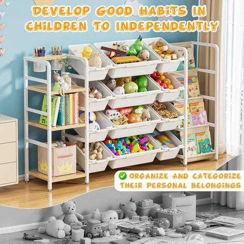 Miniatura 5 de Organizador de almacenamiento de juguetes con estantería de 4 niveles, estante extra ancho de almacenamiento de juguetes para niños de 57 pulgadas