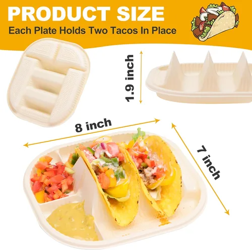 Miniatura 2 de LUVCOSY Paquete de 50 Soportes Desechables para Tacos con Compartimentos para Salsas, Platos Biodegradables de Almidón de Maíz para Tacos