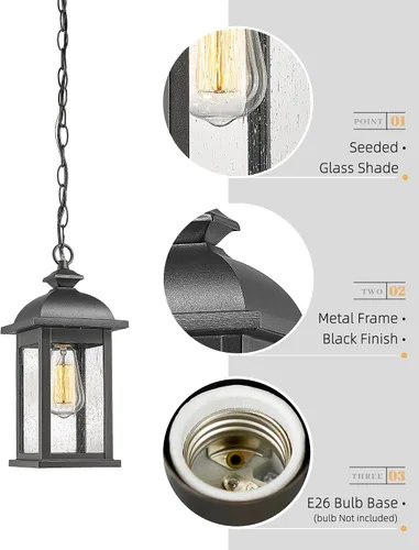 Miniatura 7 de FEMILA Aplique de pared exterior, luces colgantes al aire libre para porche, acabado negro mate antioxidante con pantalla de vidrio sembrado