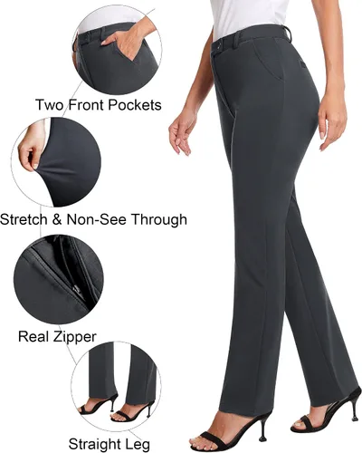 Miniatura 4 de siliteelon Pantalones de vestir de pierna recta para mujer, elásticos, de cintura alta, para trabajo, oficina, yoga, corte de bota con bolsillos