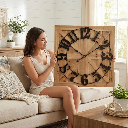 Miniatura 2 de EMAX HOME Reloj de pared grande estilo casa de campo, reloj de madera rústico cuadrado marrón de 24 pulgadas con letrero decorativo de madera