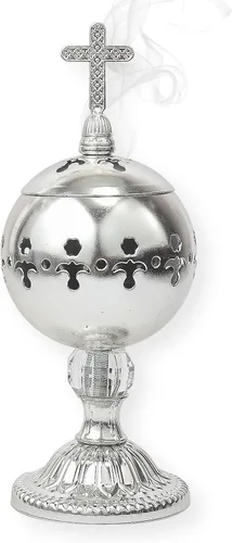 Miniatura 9 de Nazareth Store Quemador de incienso de latón pulido con carbón, soporte para incienso de iglesia cristiana, conos de incienso, cruz de 7.9 pulgadas