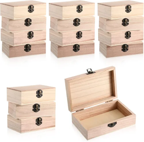 Miniatura 8 de Yookeer 8 cajas de madera sin terminar con tapa con bisagras, caja de madera a granel para manualidades, cierre frontal, almacenamiento de madera