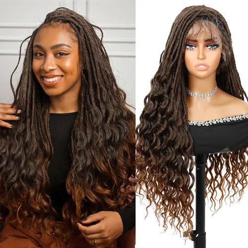 Miniatura 10 de Pelucas trenzadas de encaje completo, sin nudos, trenza, peluca de extremos rizados para mujeres negras, 28 pulgadas, cuadrada, trenzada, encaje