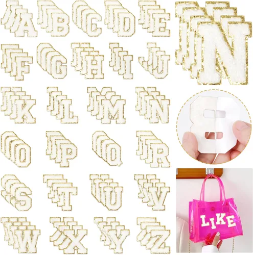 Parches de letras de chenilla autoadhesivas: NICEVINYL 104 piezas de parches de letras preppy blancas para ropa y mochilas - Parche de inicial de