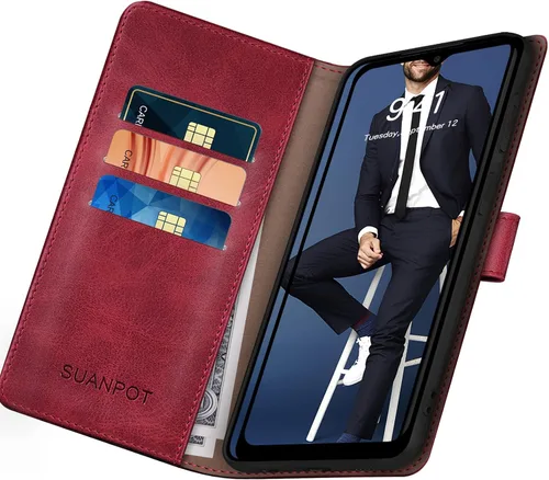 Miniatura 4 de SUANPOT Funda tipo cartera para Samsung Galaxy A13 5G con bloqueo RFID, tarjetero de crédito, funda protectora de piel sintética con tapa para Rojo