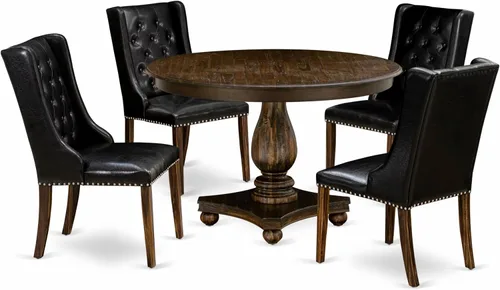 East West Furniture F2FO5-749 - Juego de comedor de 5 piezas que incluye una mesa de comedor redonda con pedestal y 4 sillas tapizadas de piel