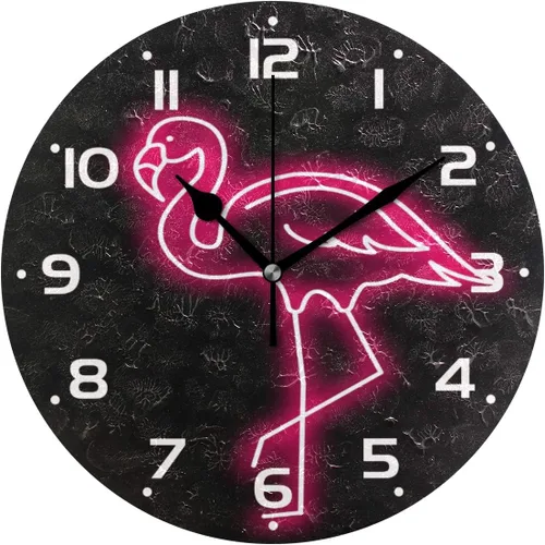 Reloj de pared de flamenco neón analógico silencioso de cuarzo, reloj de escritorio redondo de 9.5 pulgadas, funciona con pilas, fácil de leer,
