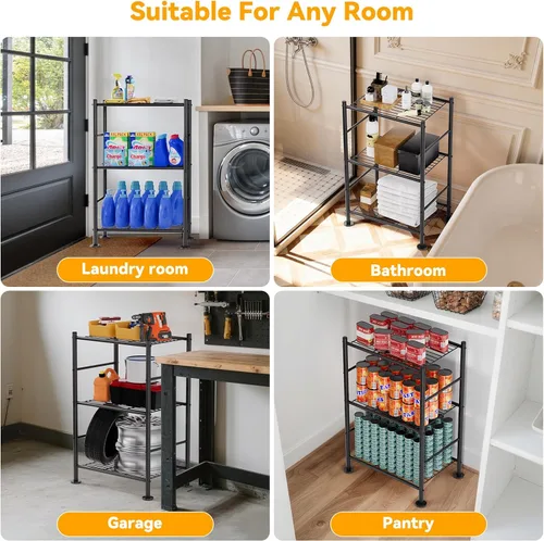 Miniatura 7 de BolDuck Estante organizador de estantes de 3 niveles, estantería de metal con patas niveladoras ajustables, estantes de almacenamiento que ahorran