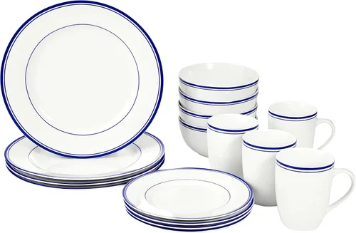 Miniatura 9 de Amazon Basics - Juego de vajilla de cocina de 16 piezas con rayas de café, platos, cuencos, tazas, servicio para 4, color negro