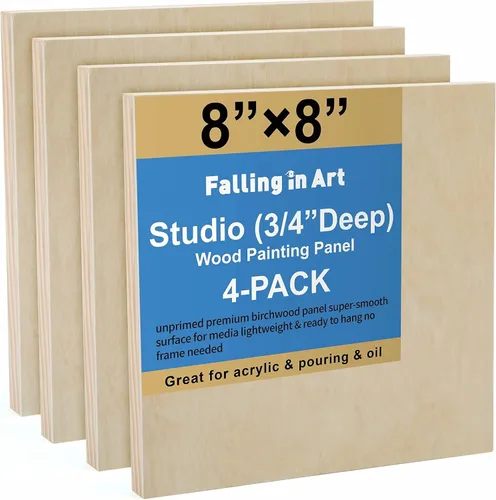 Falling in Art Kit de Paneles de Lienzo de Madera de Abedul Sin Terminar, Paquete de 4 de 8x8'' Tableros de Cuna de Estudio Profundos de 3/4'' para