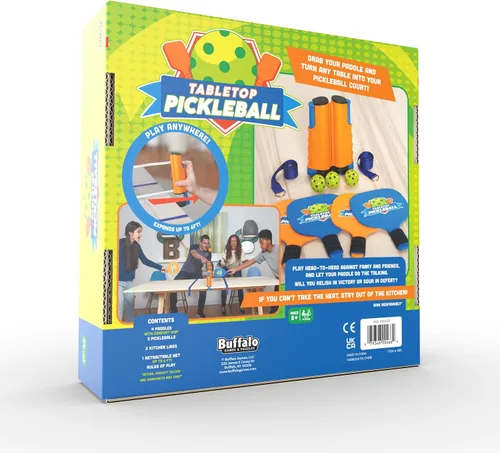 Miniatura 3 de Buffalo Games Juego de pickleball de mesa, 4 paletas y 3 bolas, juego de pickleball con red para mesas de hasta 6 pies, juego de mesa