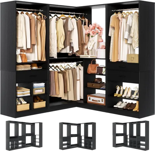 Miniatura 17 de Unikito Organizador de armario de 25 pulgadas de ancho x 80 pulgadas de alto, con barra para colgar y 2 cajones de madera, zapatero ajustable