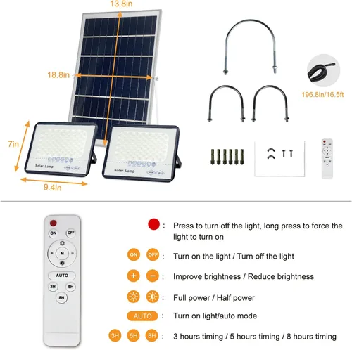 Miniatura 5 de Paquete de 2 luces LED solares de 100 W para exteriores con control remoto, luz solar de seguridad del atardecer al amanecer, impermeable, IP67