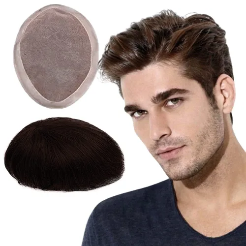 Miniatura 20 de Toupee - Sistema de reemplazo de cabello humano virgen europeo de 7 x 9 pulgadas para hombre, postizo de encaje mono con poliuretano duradero #2