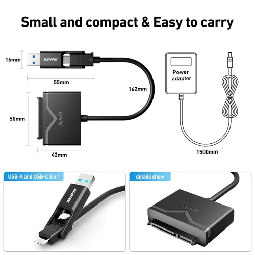 Miniatura 7 de BENFEI Cable SATA a USB 3.0, adaptador de disco duro USB 3.0 a SATA III compatible con disco duro HDD/SSD de 2.5 de 3.5 pulgadas con adaptador