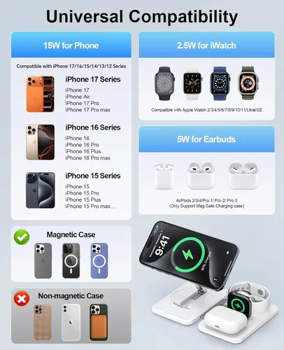 Miniatura 6 de Cargador inalámbrico magnético 3 en 1 para múltiples dispositivos Apple, estación de carga rápida plegable - Soporte de cargador Magsafe