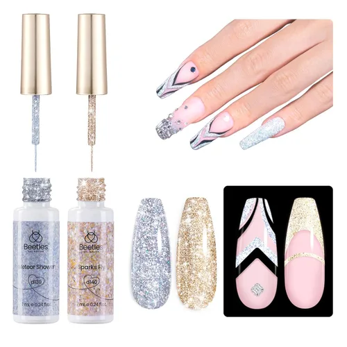 Beetles - Juego de 2 esmaltes de gel para uñas con brillo reflectante plateado y dorado, esmalte de uñas con purpurina para quitar con lámpara UV,