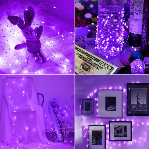 Miniatura 5 de Luces LED negras UV a pilas, 33 pies, 100 unidades, 2835 luces LED UV, 8 modos, accesorios de luz negra flexibles, luces de hadas con control remoto