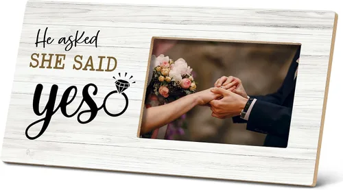 SRADMO Marco de fotos con texto en inglés «He Asked and She Said Yes», regalos románticos, marco de fotos de madera de 12 x 6 pulgadas para parejas,
