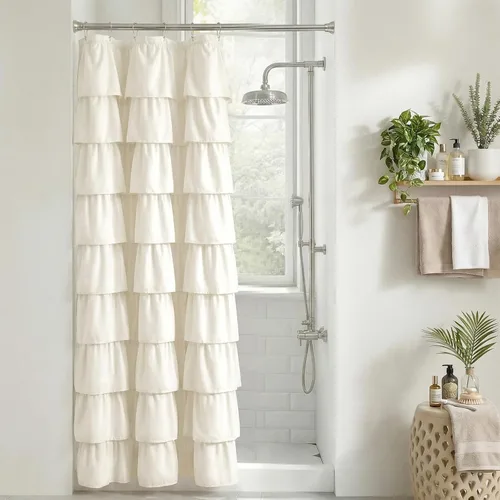 Seasonwood Cortina de ducha pequeña con volantes, color crema, estilo vintage, hecha a mano, de tela decorativa rústica, para baño, 36 x 72 pulgadas