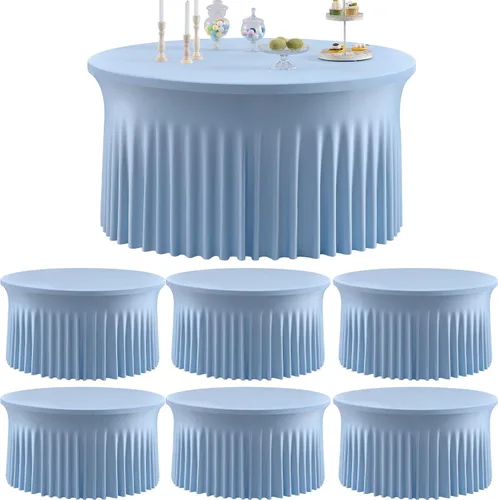 Miniatura 47 de Paquete de 6 manteles redondos de elastano azul bebé para mesa de 60 pulgadas, manteles elásticos de 120 pulgadas ajustables de 5 pies, manteles