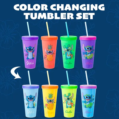 Miniatura 2 de Silver Buffalo Disney Lilo and Stitch Tropical Poses - Paquete de 4 vasos de plástico que cambian de color, 24 onzas Poses tropicales de Lilo