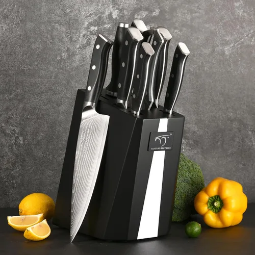 Miniatura 6 de NANFANG BROTHERS Juego de cuchillos de cocina de Damasco de 9 piezas con bloque, mango ergonómico ABS para juego de cuchillos de chef, afilador