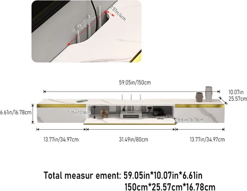 Miniatura 2 de Pmnianhua Estante Flotante de TV con Cajones, Consola de TV Montada en Pared de 59'', Estante de Medios de Entretenimiento con 2 Cajones y 1 Puerta