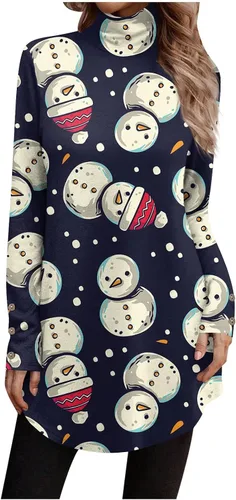 Christmas Shirts for Women, Women's Casual High Neck Shirt Button-Down Loose T-Shirt Christmas Print Long Sleeve Tops