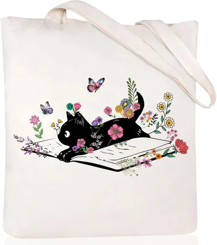 Miniatura 23 de Andeiltech - Bolsa de lona para mujer, con diseño de gato bonito y estética, bolsas reutilizables para compras y comestibles, con bolsillo