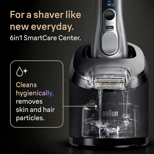 Miniatura 8 de Braun Afeitadora eléctrica Series 9 PRO+, maquinilla de afeitar húmeda y seca, Pro SensoAdapt, centro inteligente 6 en 1, 9697CC, plata