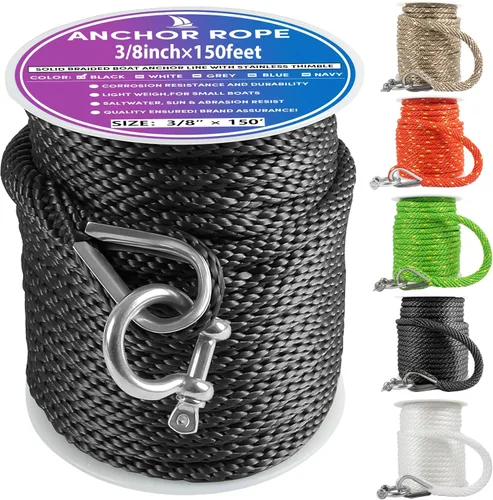 Miniatura 19 de Cuerda de anclaje premium de 100 pies x 3/8 pulgadas, cuerda marina de línea de anclaje MFP trenzada sólida con dedal y grillete, color negro