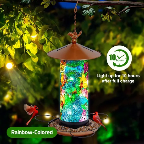 Miniatura 4 de XDW-GIFTS Comedero solar de mosaico, forma de linterna impermeable con gancho y 4 luces LED, decoración de jardín para césped, patio, balcón, adorno